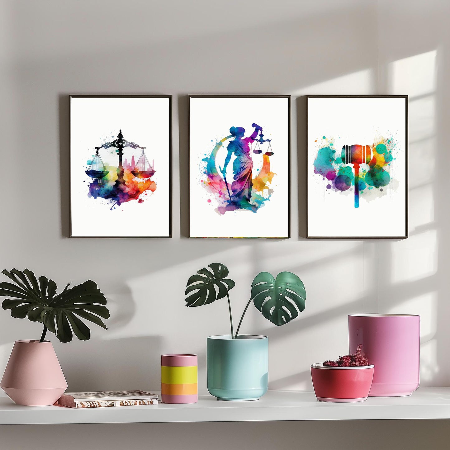 Justice Watercolour Set of Three Art Prints - Scales, Lady Justice, Gavel - Lawyer Gift Poster Wall Art Painting Law Decor