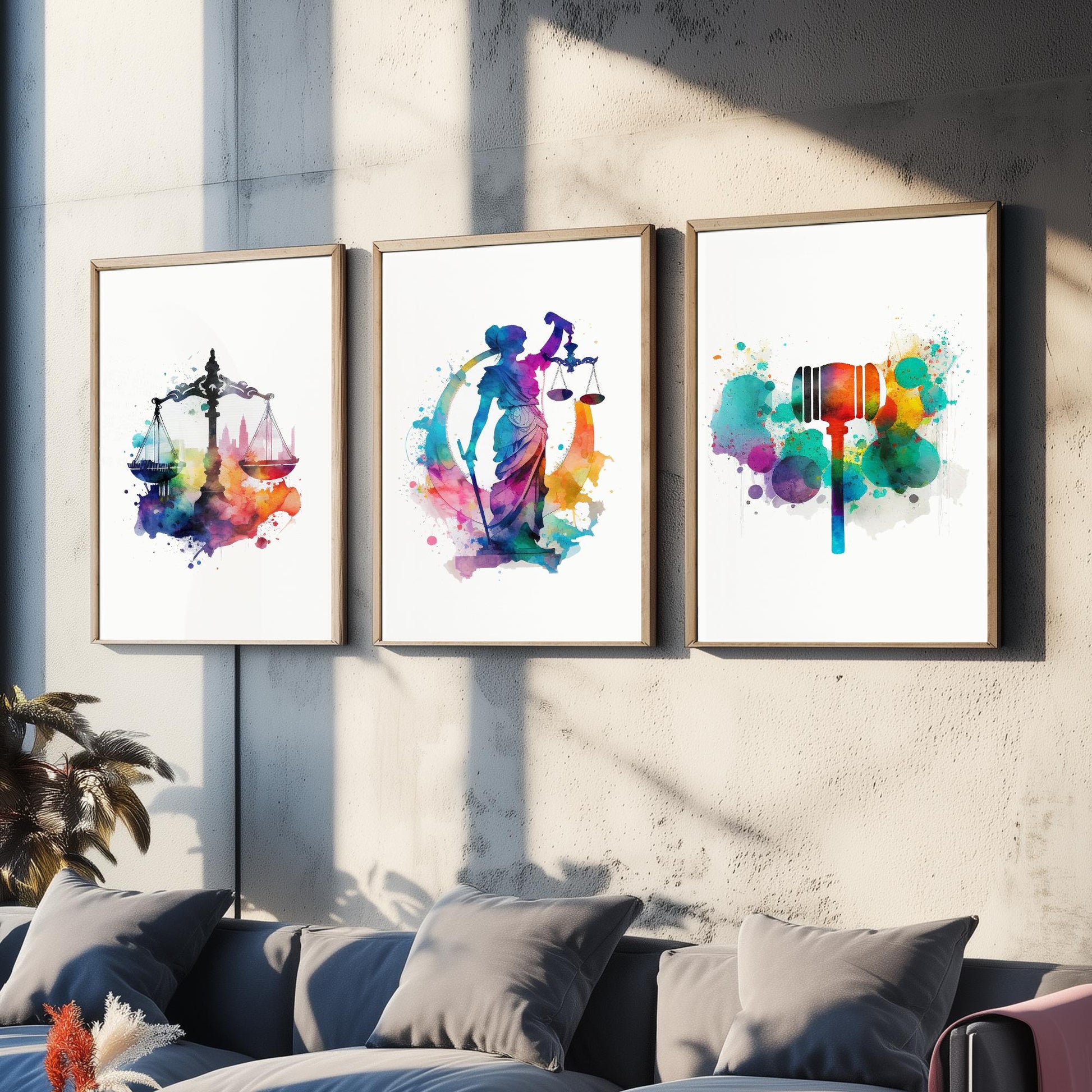 Justice Watercolour Set of Three Art Prints - Scales, Lady Justice, Gavel - Lawyer Gift Poster Wall Art Painting Law Decor