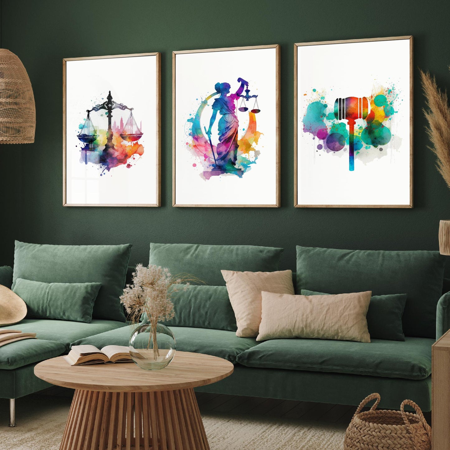Justice Watercolour Set of Three Art Prints - Scales, Lady Justice, Gavel - Lawyer Gift Poster Wall Art Painting Law Decor
