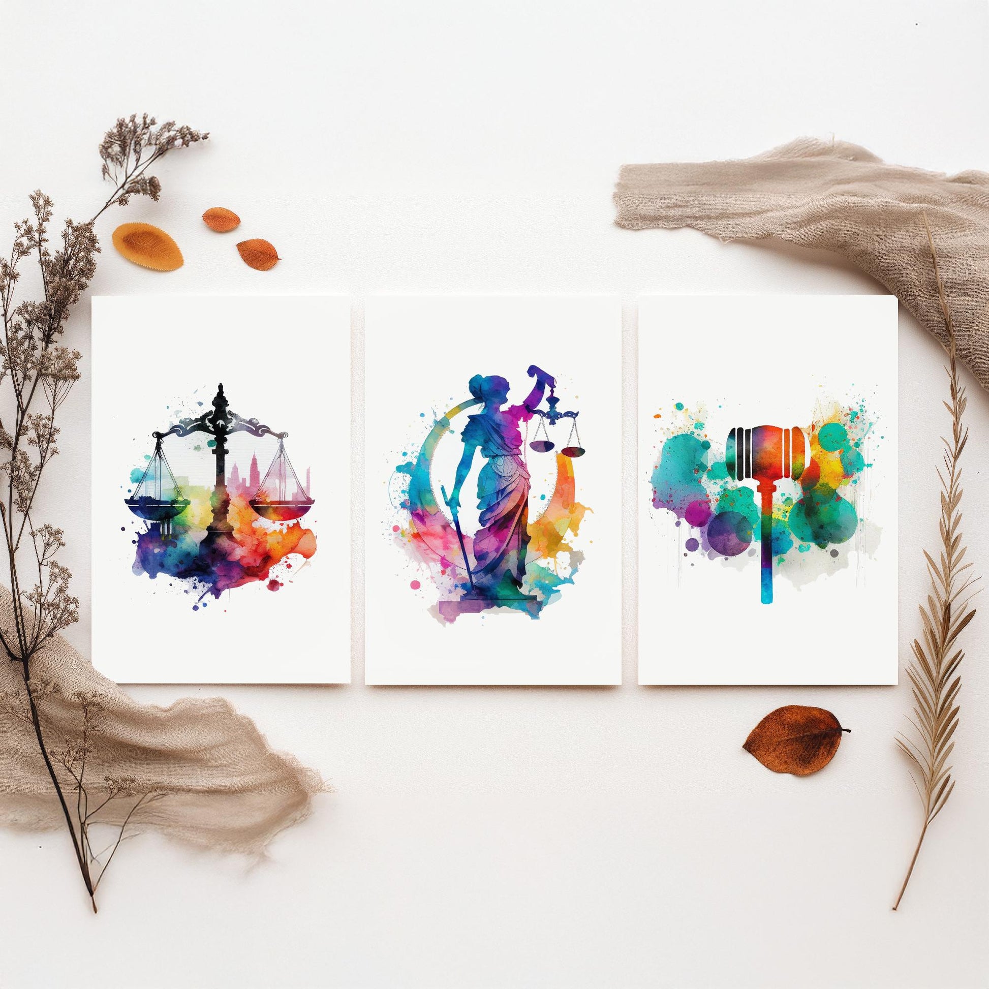 Justice Watercolour Set of Three Art Prints - Scales, Lady Justice, Gavel - Lawyer Gift Poster Wall Art Painting Law Decor