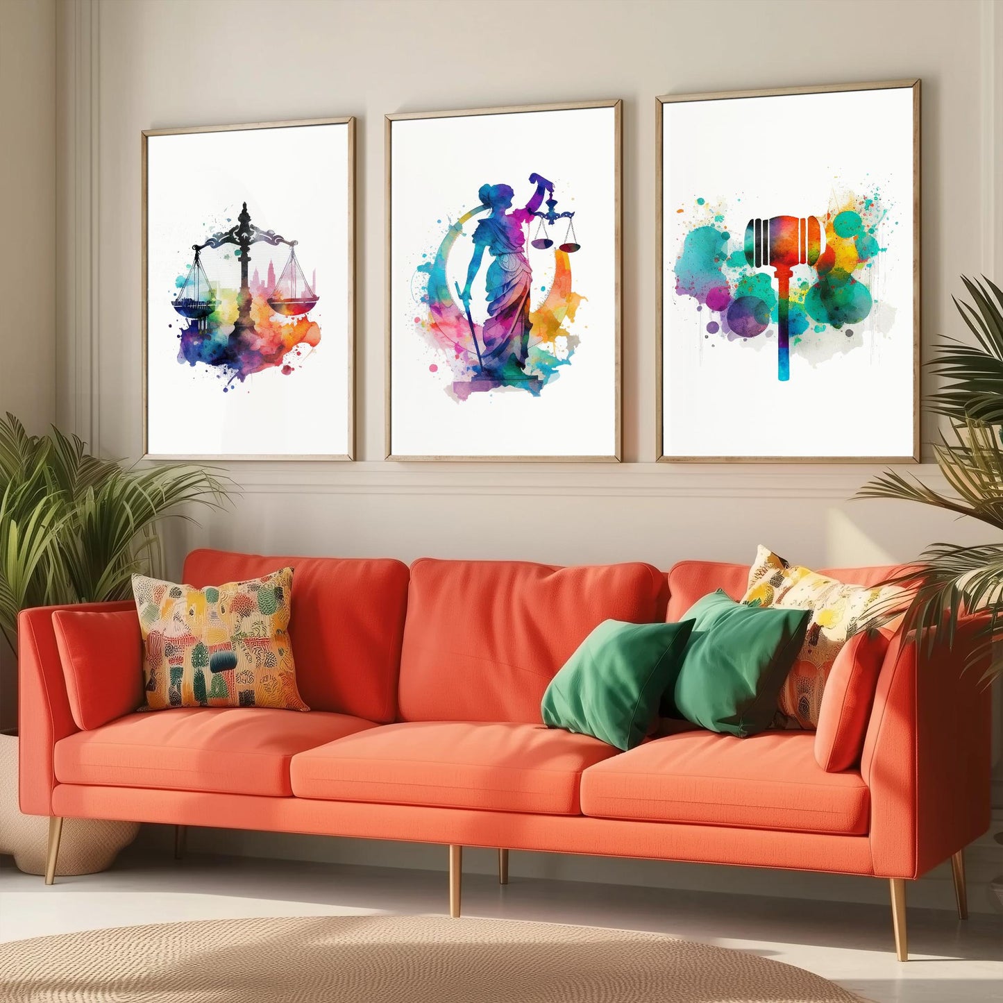 Justice Watercolour Set of Three Art Prints - Scales, Lady Justice, Gavel - Lawyer Gift Poster Wall Art Painting Law Decor