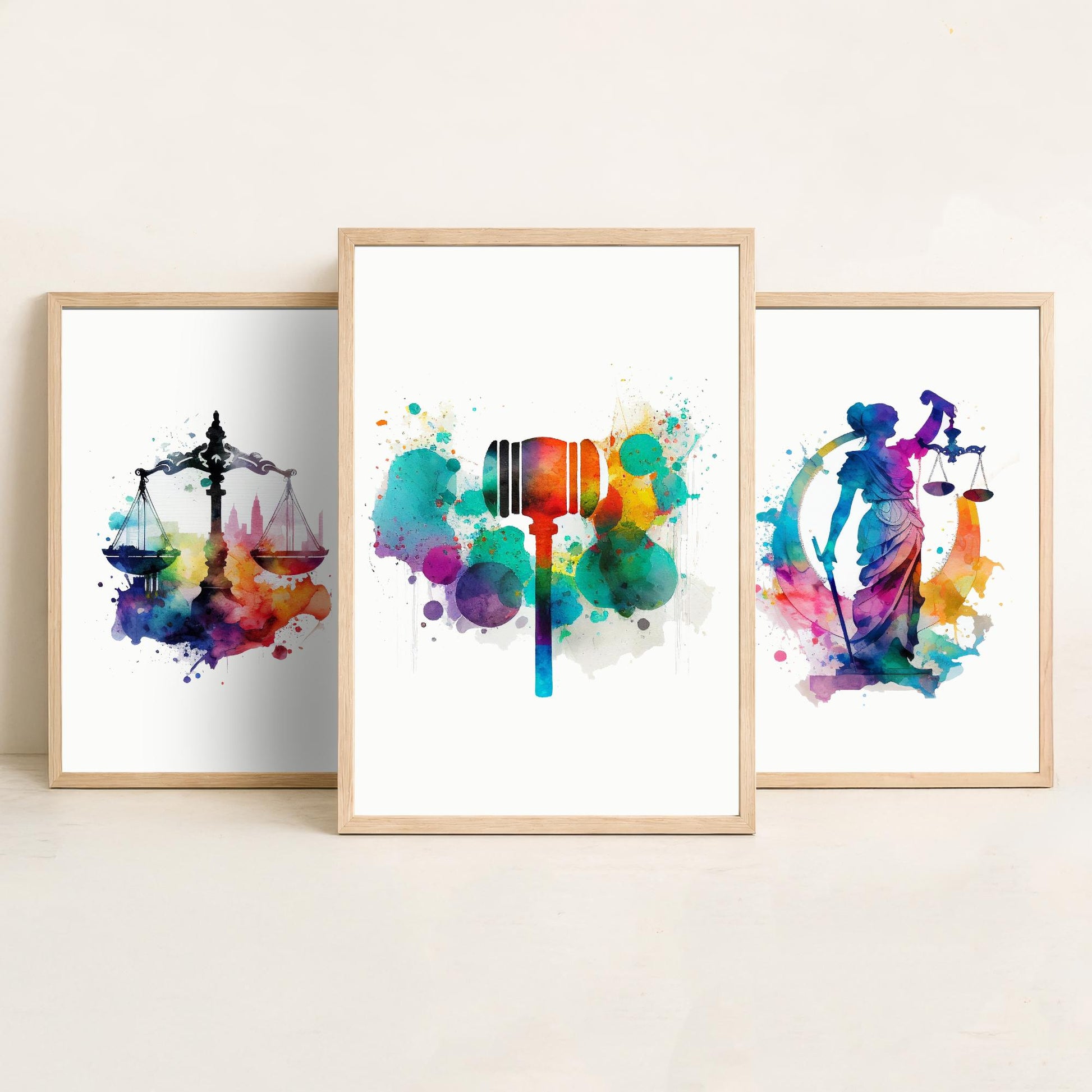 Justice Watercolour Set of Three Art Prints - Scales, Lady Justice, Gavel - Lawyer Gift Poster Wall Art Painting Law Decor