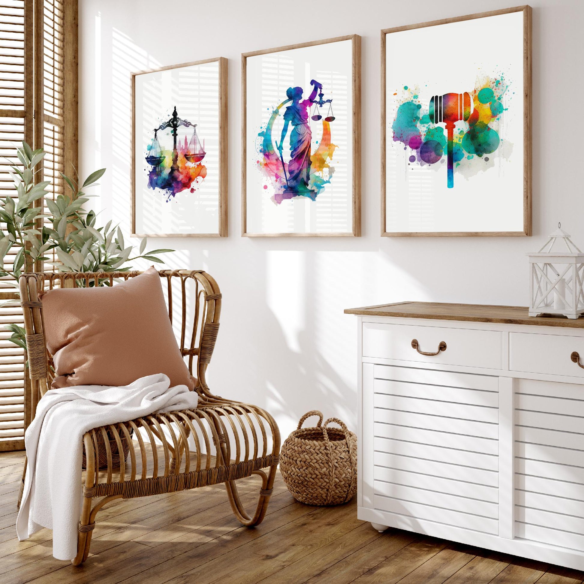 Justice Watercolour Set of Three Art Prints - Scales, Lady Justice, Gavel - Lawyer Gift Poster Wall Art Painting Law Decor
