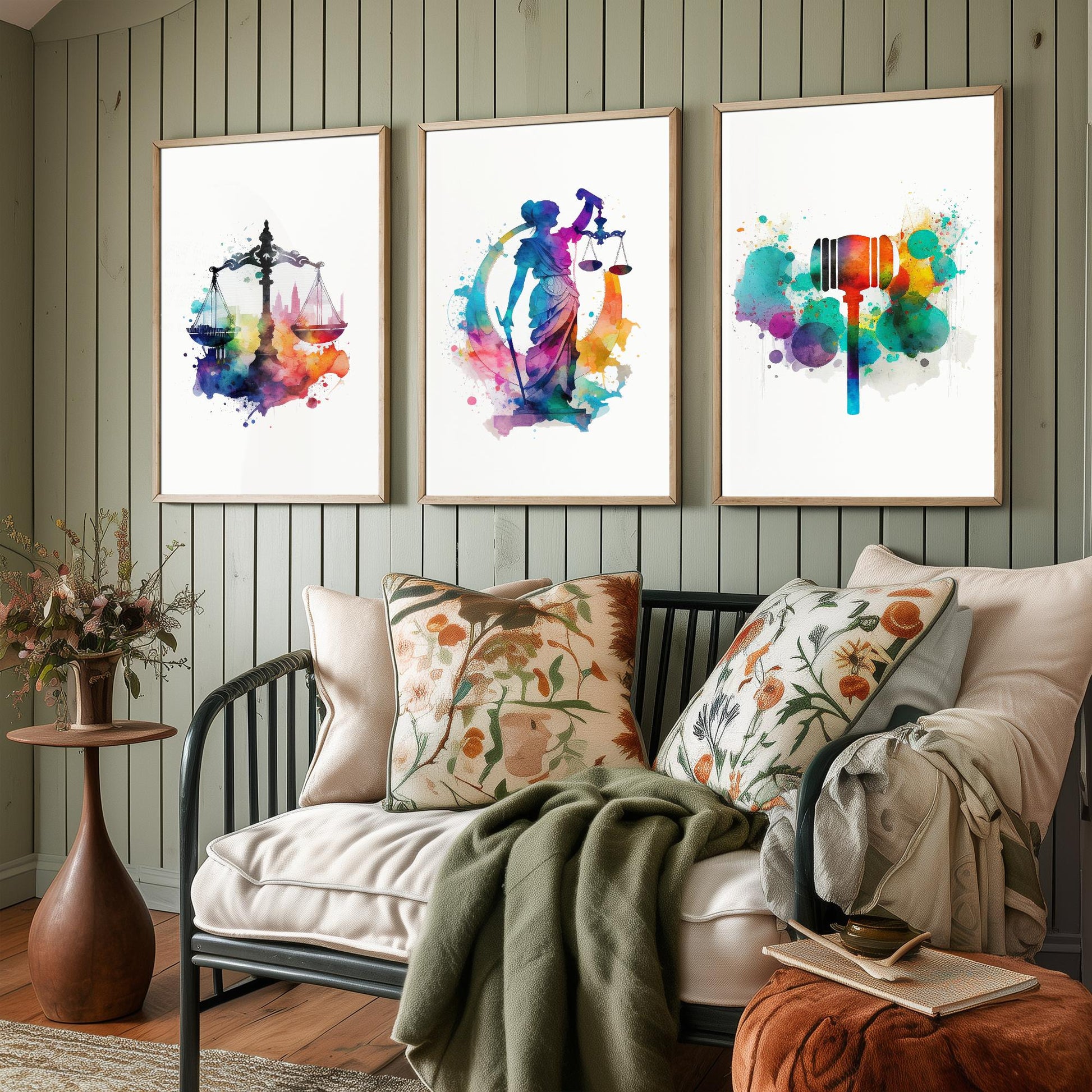 Justice Watercolour Set of Three Art Prints - Scales, Lady Justice, Gavel - Lawyer Gift Poster Wall Art Painting Law Decor