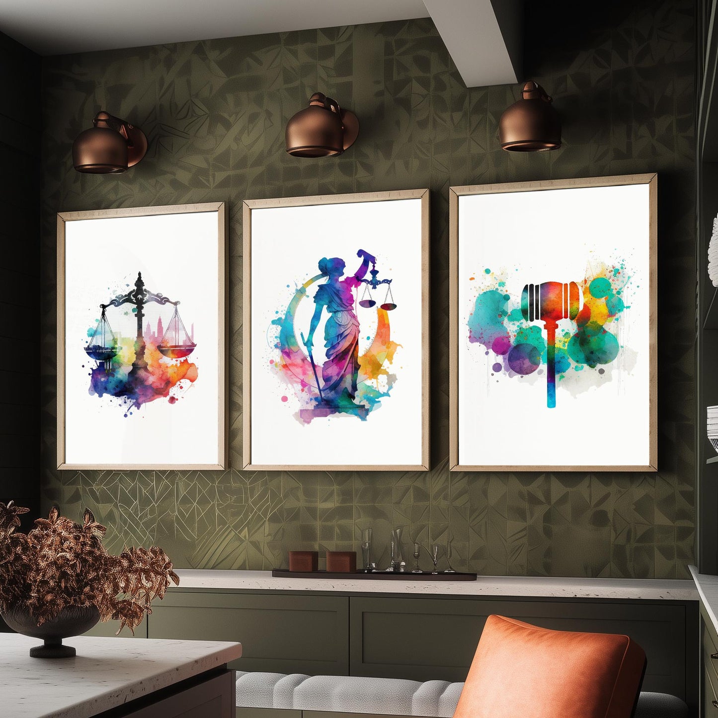 Justice Watercolour Set of Three Art Prints - Scales, Lady Justice, Gavel - Lawyer Gift Poster Wall Art Painting Law Decor