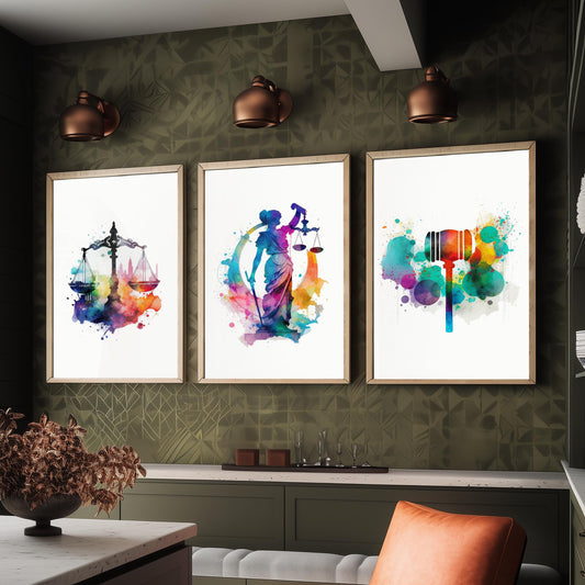 Justice Watercolour Set of Three Art Prints - Scales, Lady Justice, Gavel - Lawyer Gift Poster Wall Art Painting Law Decor