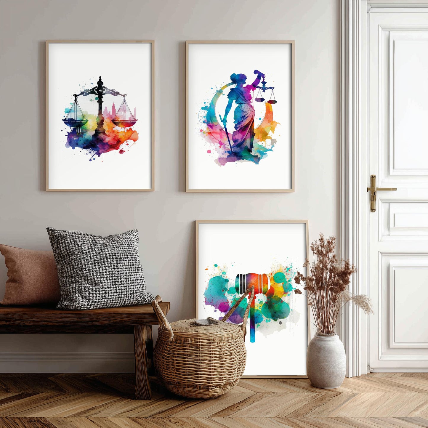 Justice Watercolour Set of Three Art Prints - Scales, Lady Justice, Gavel - Lawyer Gift Poster Wall Art Painting Law Decor