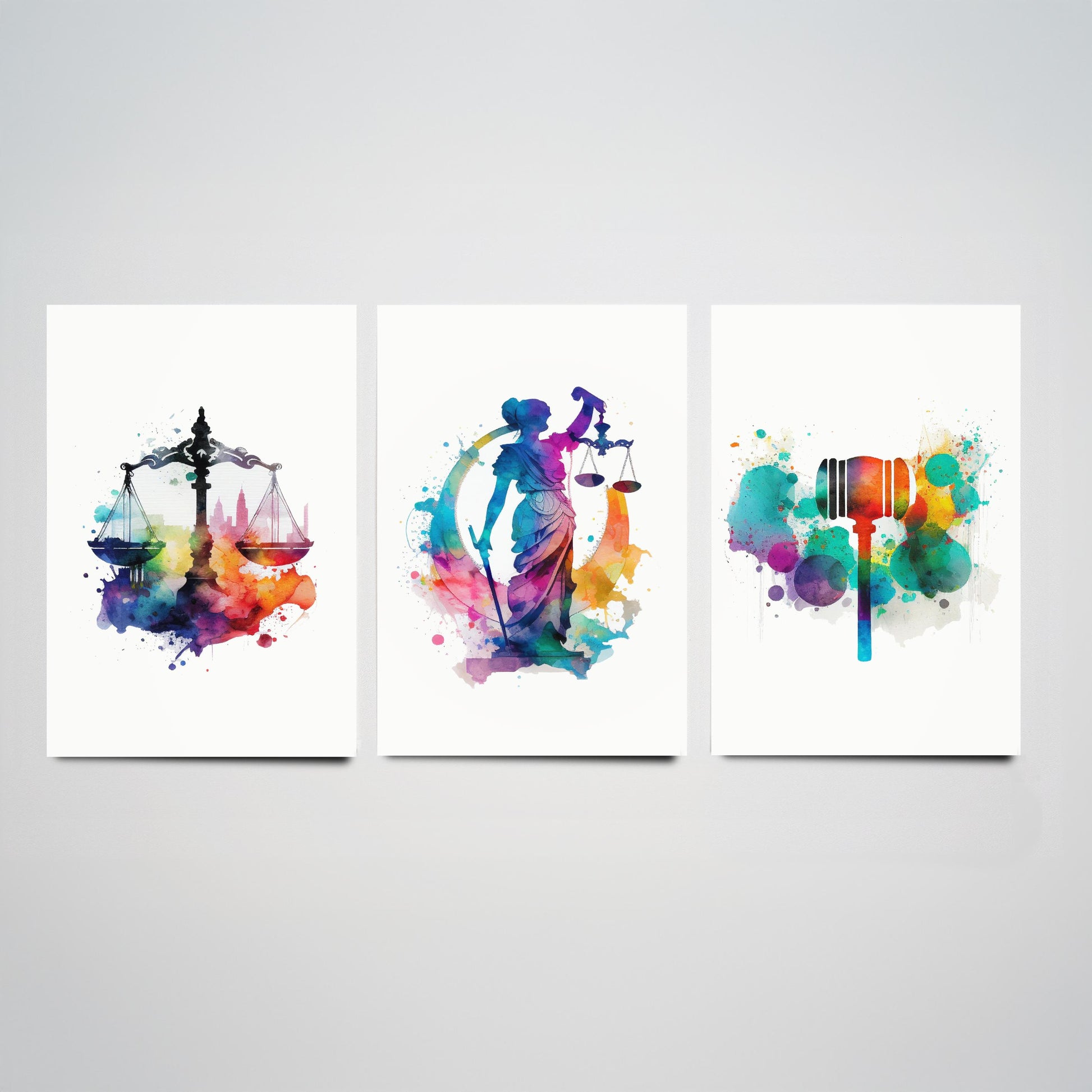 Justice Watercolour Set of Three Art Prints - Scales, Lady Justice, Gavel - Lawyer Gift Poster Wall Art Painting Law Decor