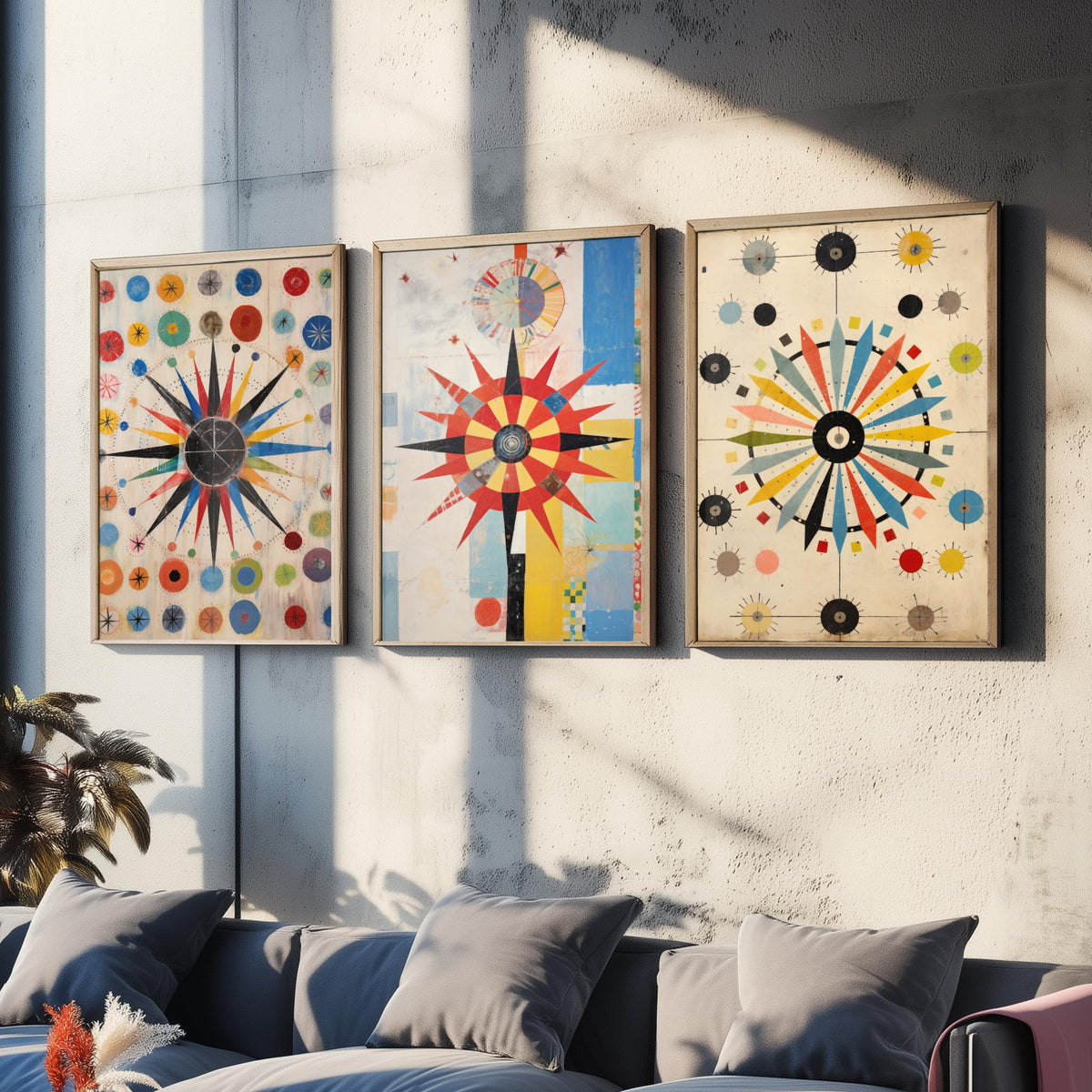 Kaleidoscope Starbursts Set of Three Art Prints - Mid Century Compass Stars and Dots - Abstract Collage Poster Illustration
