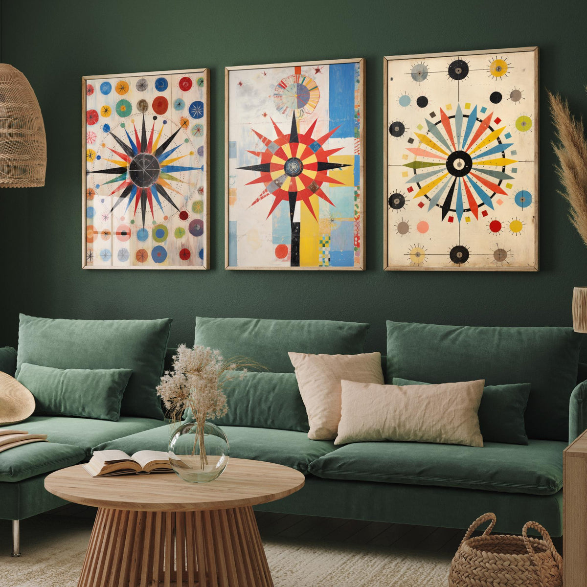 Kaleidoscope Starbursts Set of Three Art Prints - Mid Century Compass Stars and Dots - Abstract Collage Poster Illustration