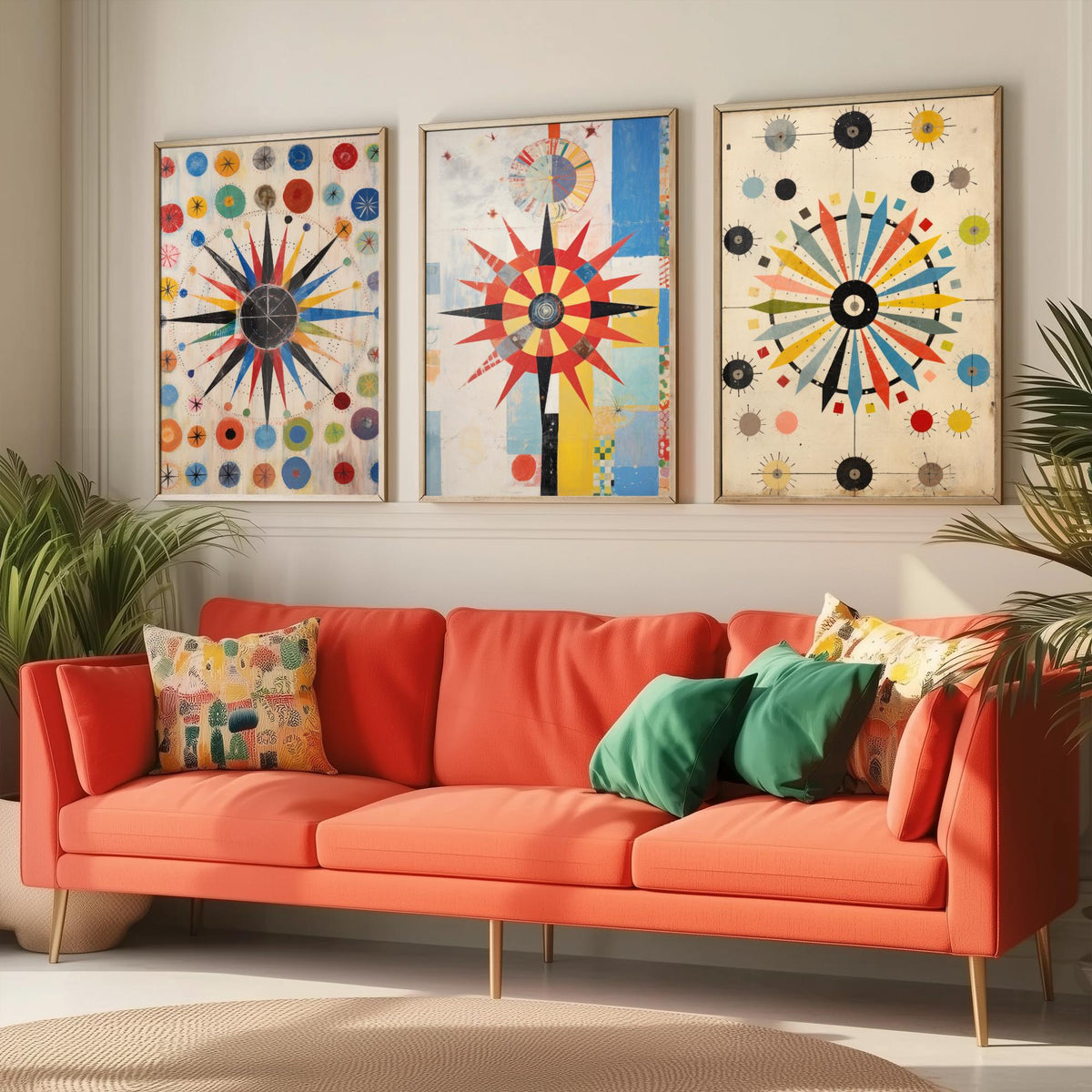 Kaleidoscope Starbursts Set of Three Art Prints - Mid Century Compass Stars and Dots - Abstract Collage Poster Illustration