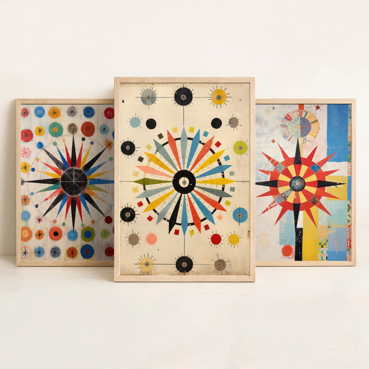 Kaleidoscope Starbursts Set of Three Art Prints - Mid Century Compass Stars and Dots - Abstract Collage Poster Illustration