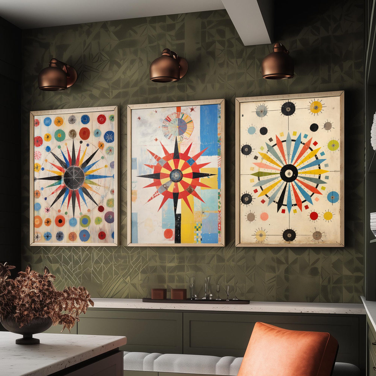 Kaleidoscope Starbursts Set of Three Art Prints - Mid Century Compass Stars and Dots - Abstract Collage Poster Illustration