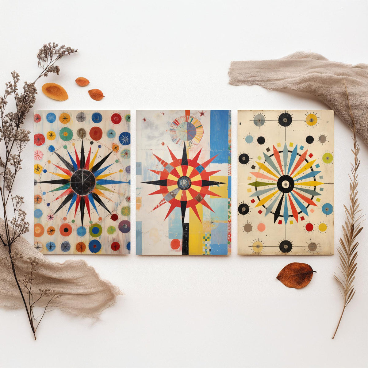 Kaleidoscope Starbursts Set of Three Art Prints - Mid Century Compass Stars and Dots - Abstract Collage Poster Illustration