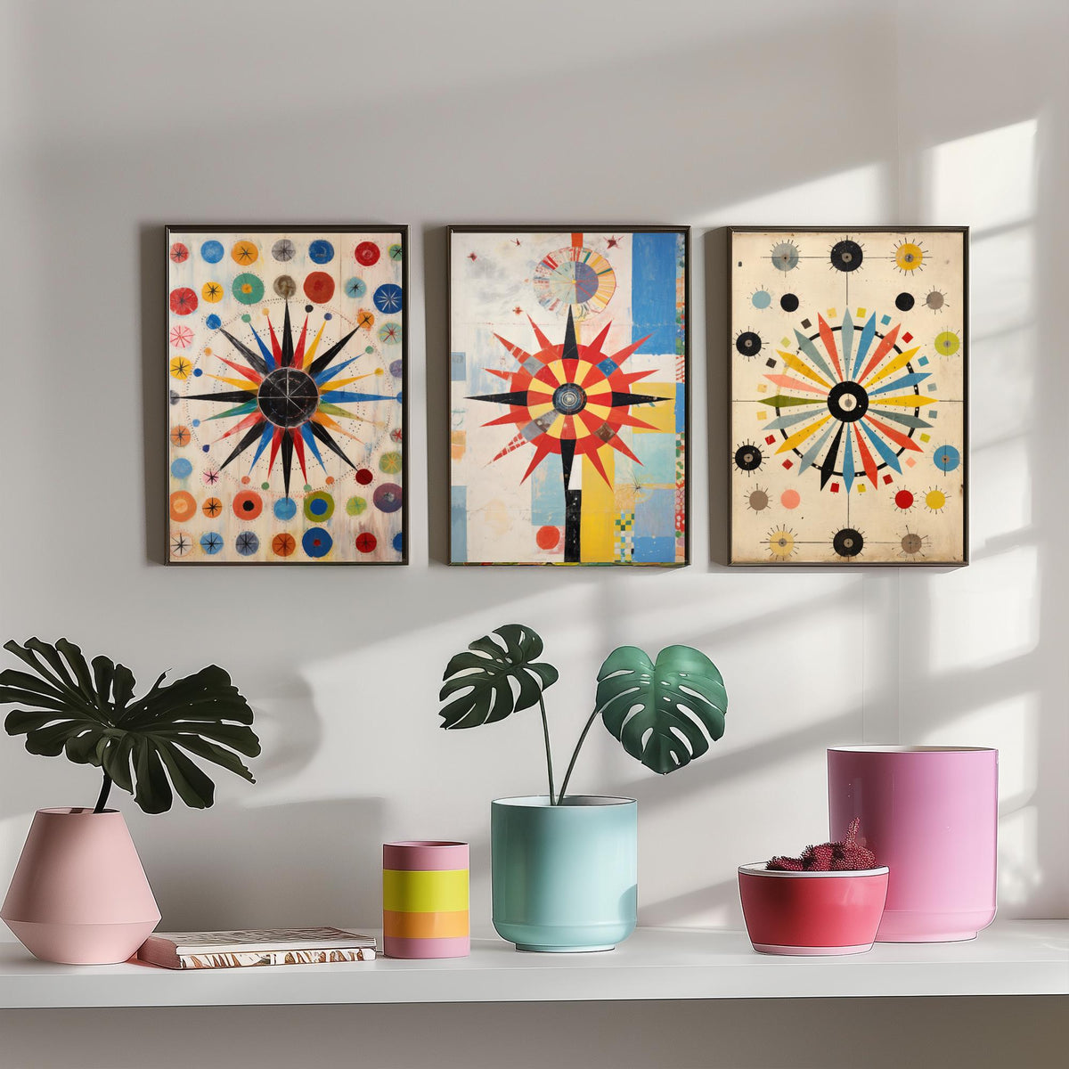 Kaleidoscope Starbursts Set of Three Art Prints - Mid Century Compass Stars and Dots - Abstract Collage Poster Illustration