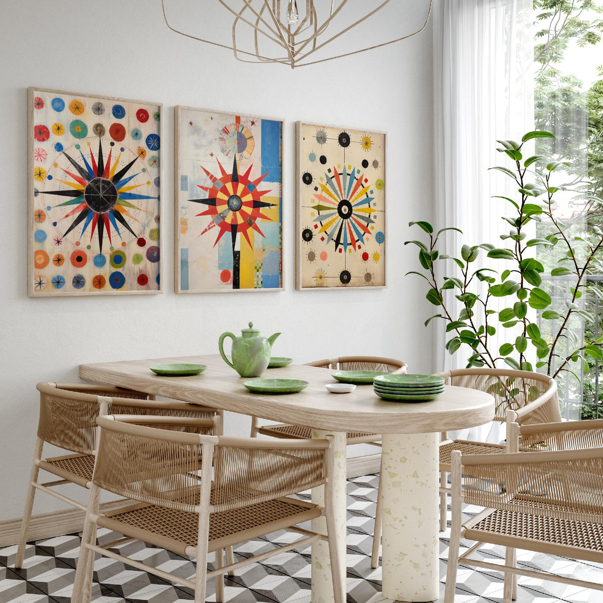 Kaleidoscope Starbursts Set of Three Art Prints - Mid Century Compass Stars and Dots - Abstract Collage Poster Illustration