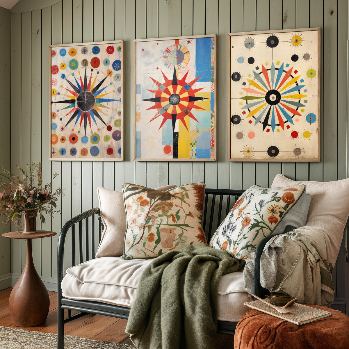 Kaleidoscope Starbursts Set of Three Art Prints - Mid Century Compass Stars and Dots - Abstract Collage Poster Illustration