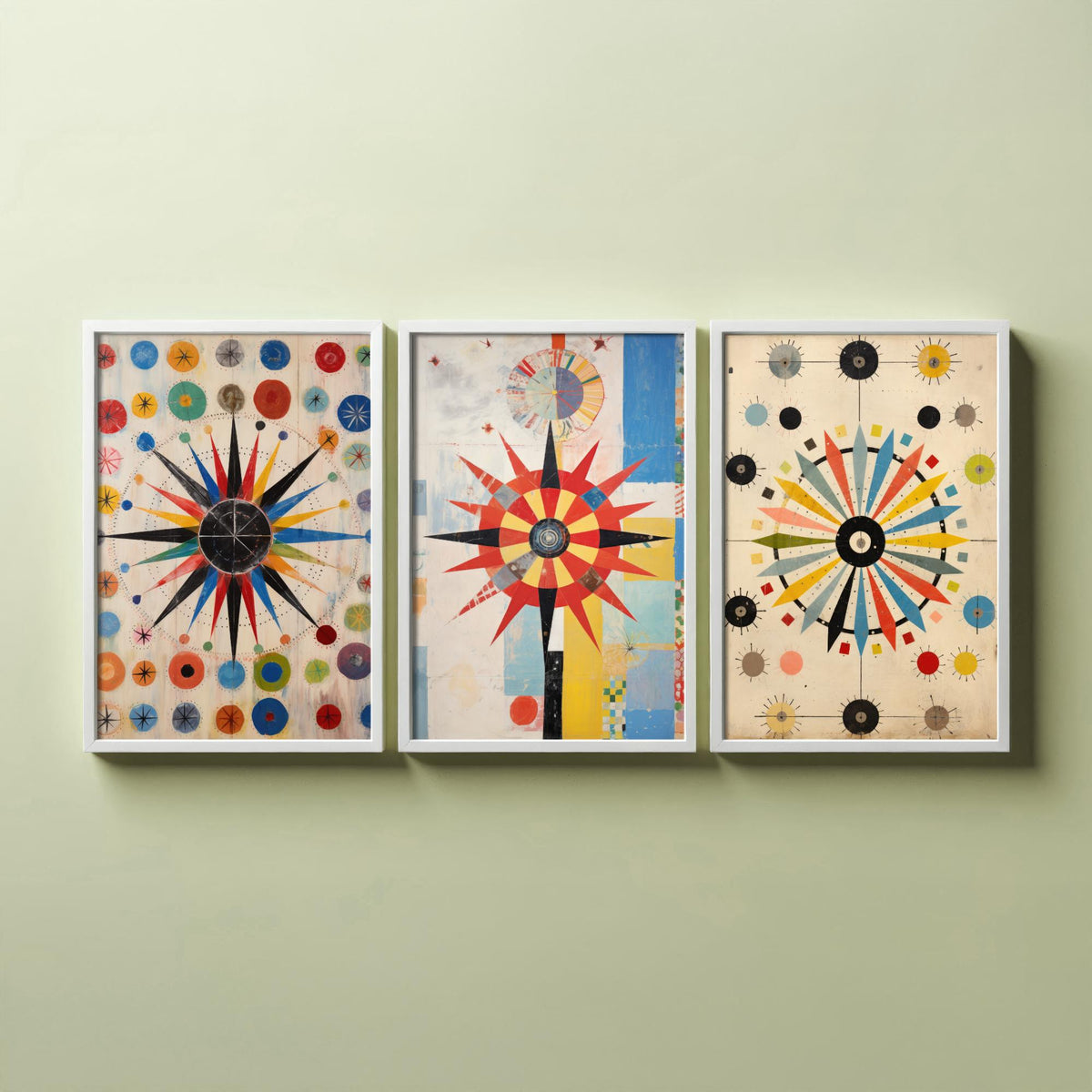 Kaleidoscope Starbursts Set of Three Art Prints - Mid Century Compass Stars and Dots - Abstract Collage Poster Illustration