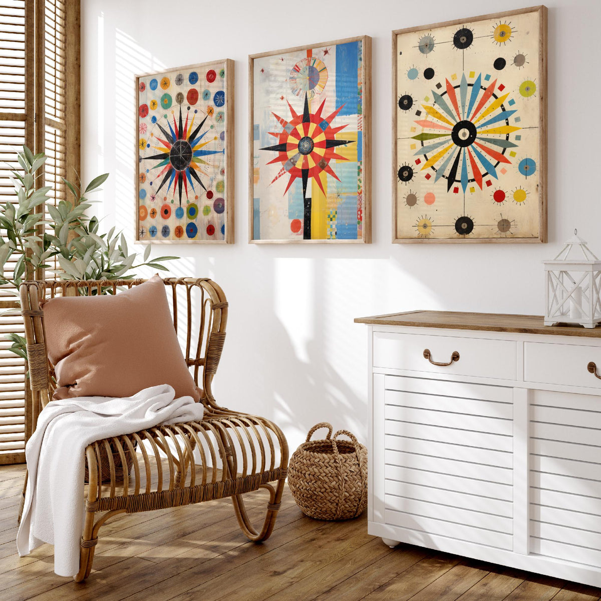 Kaleidoscope Starbursts Set of Three Art Prints - Mid Century Compass Stars and Dots - Abstract Collage Poster Illustration