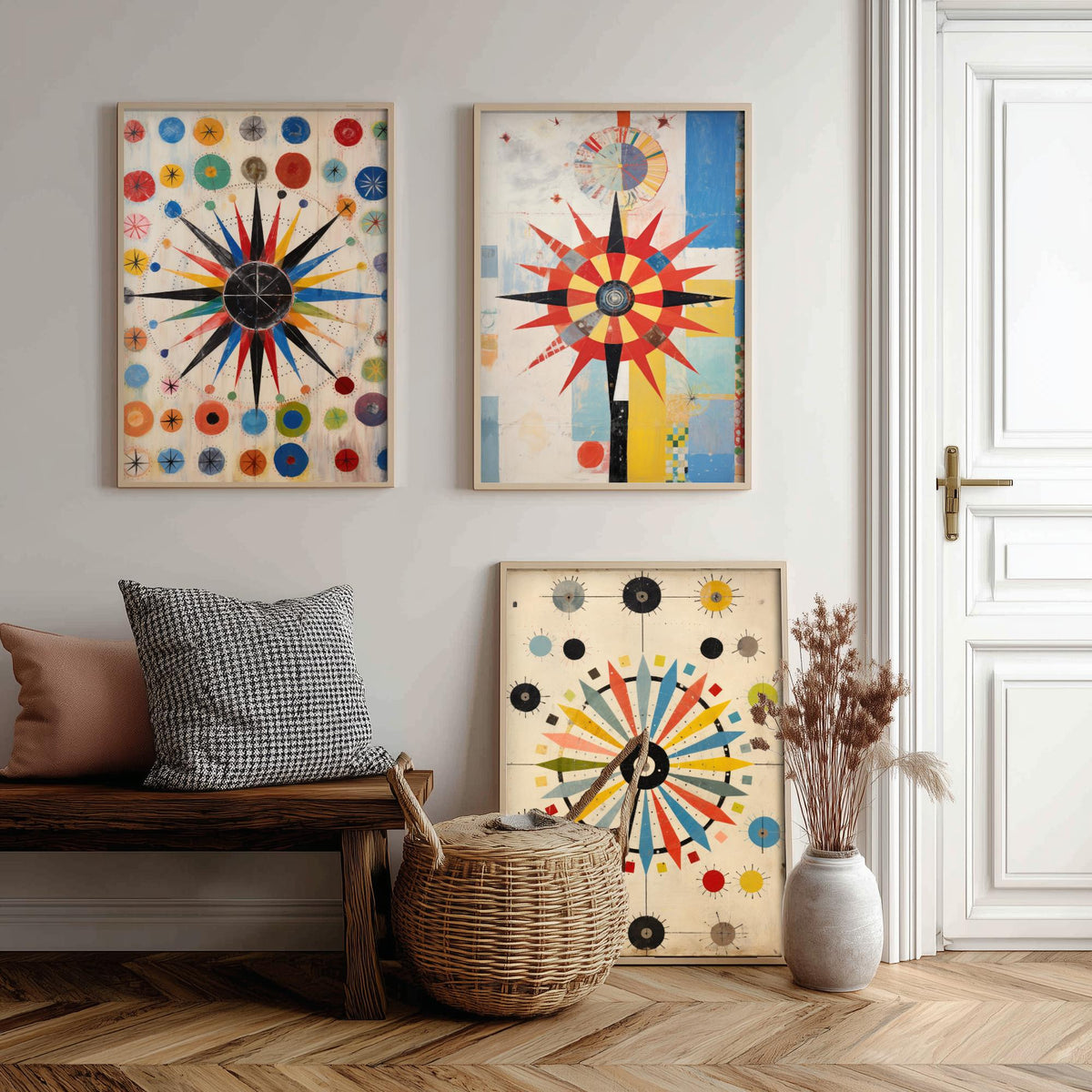 Kaleidoscope Starbursts Set of Three Art Prints - Mid Century Compass Stars and Dots - Abstract Collage Poster Illustration