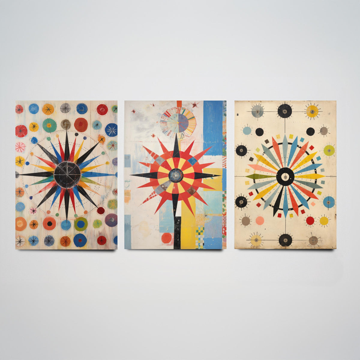 Kaleidoscope Starbursts Set of Three Art Prints - Mid Century Compass Stars and Dots - Abstract Collage Poster Illustration