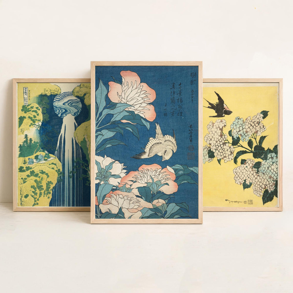 Set of Three Katsushika Hokusai Prints - Amida Falls Hydrangea Peonies - 3 Japanese Woodblock Paintings Poster Wall Art Gift Ukiyo-e Decor