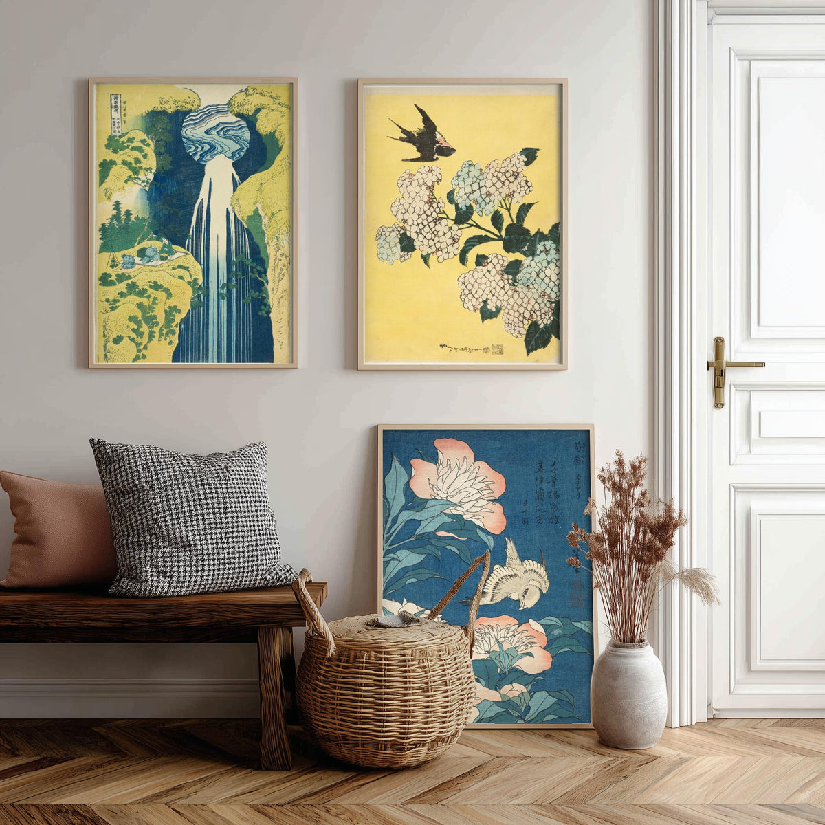 Set of Three Katsushika Hokusai Prints - Amida Falls Hydrangea Peonies - 3 Japanese Woodblock Paintings Poster Wall Art Gift Ukiyo-e Decor
