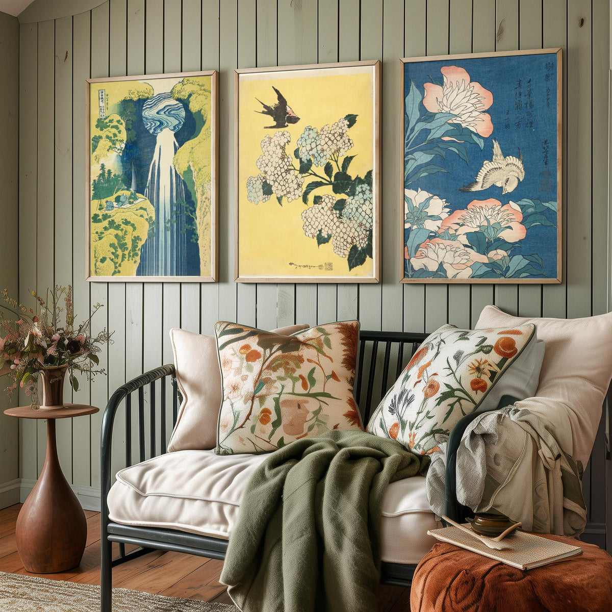 Set of Three Katsushika Hokusai Prints - Amida Falls Hydrangea Peonies - 3 Japanese Woodblock Paintings Poster Wall Art Gift Ukiyo-e Decor
