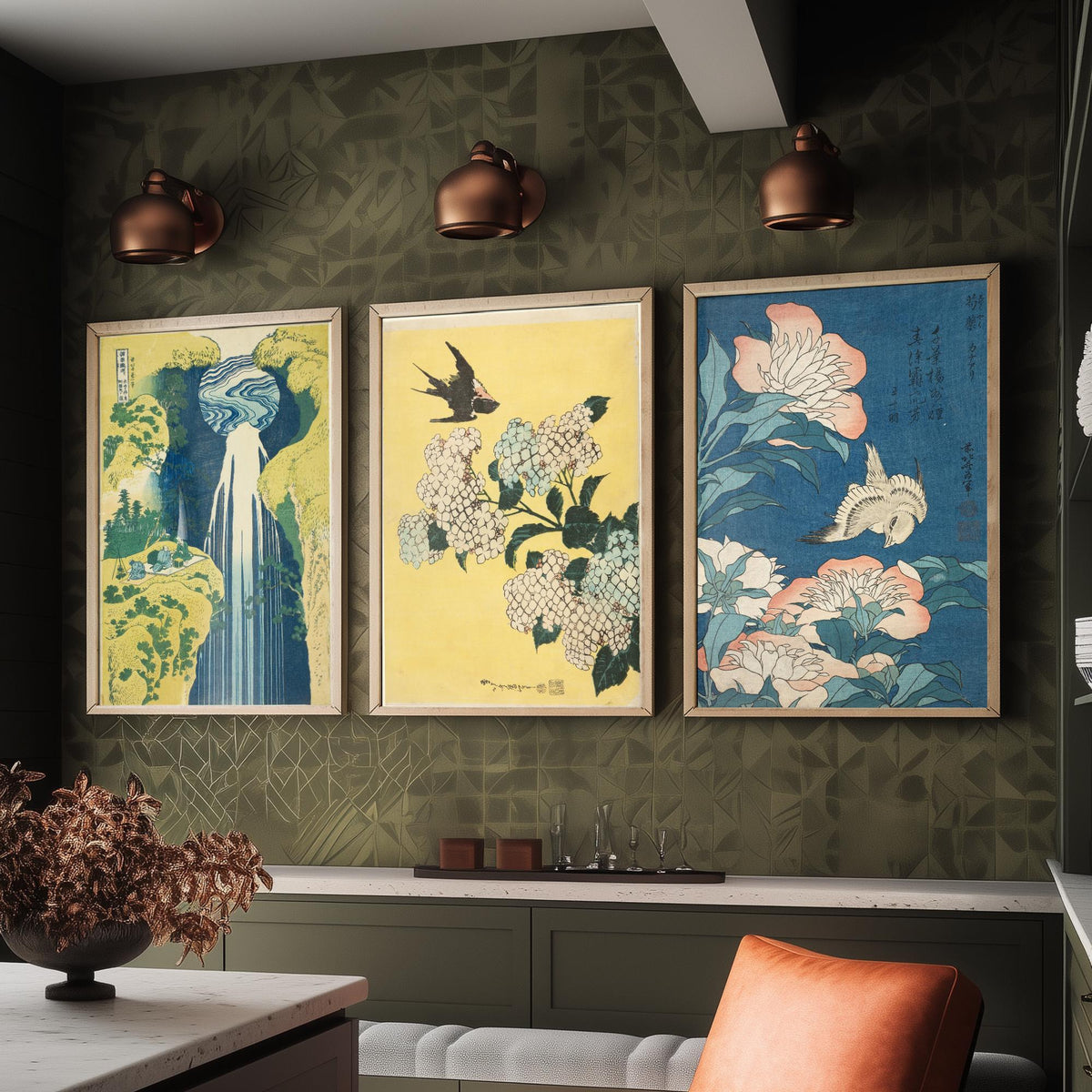 Set of Three Katsushika Hokusai Prints - Amida Falls Hydrangea Peonies - 3 Japanese Woodblock Paintings Poster Wall Art Gift Ukiyo-e Decor