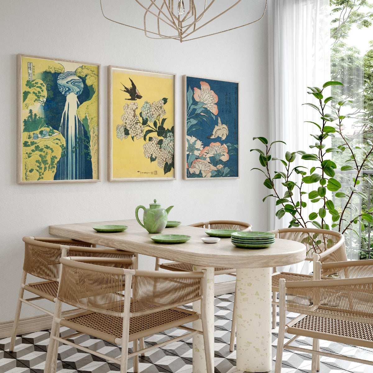 Set of Three Katsushika Hokusai Prints - Amida Falls Hydrangea Peonies - 3 Japanese Woodblock Paintings Poster Wall Art Gift Ukiyo-e Decor