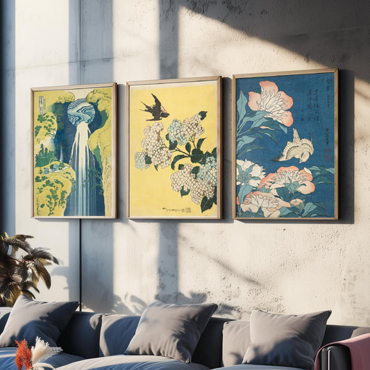 Set of Three Katsushika Hokusai Prints - Amida Falls Hydrangea Peonies - 3 Japanese Woodblock Paintings Poster Wall Art Gift Ukiyo-e Decor