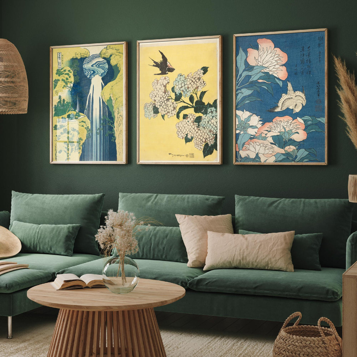 Set of Three Katsushika Hokusai Prints - Amida Falls Hydrangea Peonies - 3 Japanese Woodblock Paintings Poster Wall Art Gift Ukiyo-e Decor
