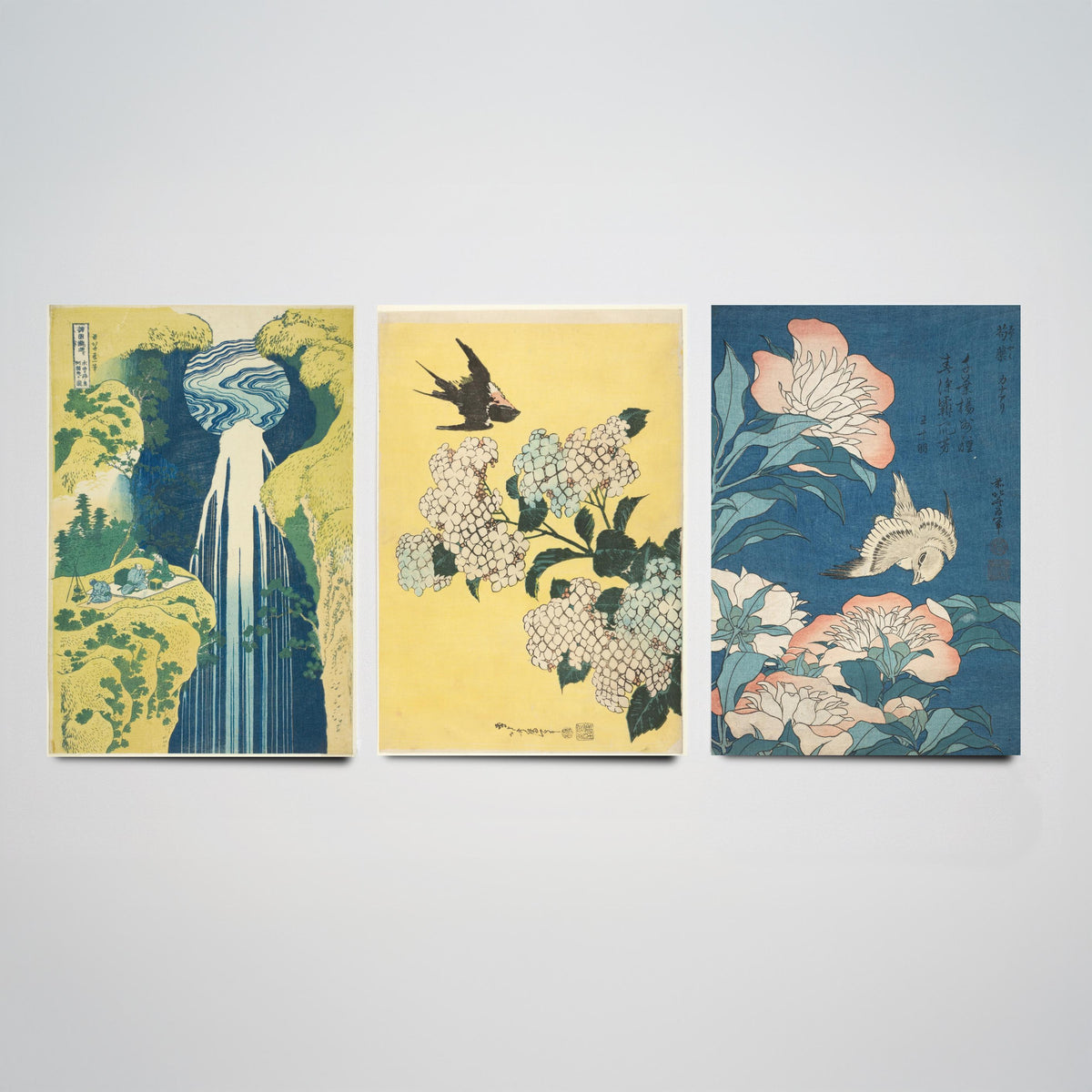 Set of Three Katsushika Hokusai Prints - Amida Falls Hydrangea Peonies - 3 Japanese Woodblock Paintings Poster Wall Art Gift Ukiyo-e Decor