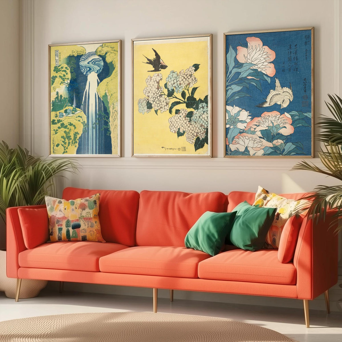 Set of Three Katsushika Hokusai Prints - Amida Falls Hydrangea Peonies - 3 Japanese Woodblock Paintings Poster Wall Art Gift Ukiyo-e Decor