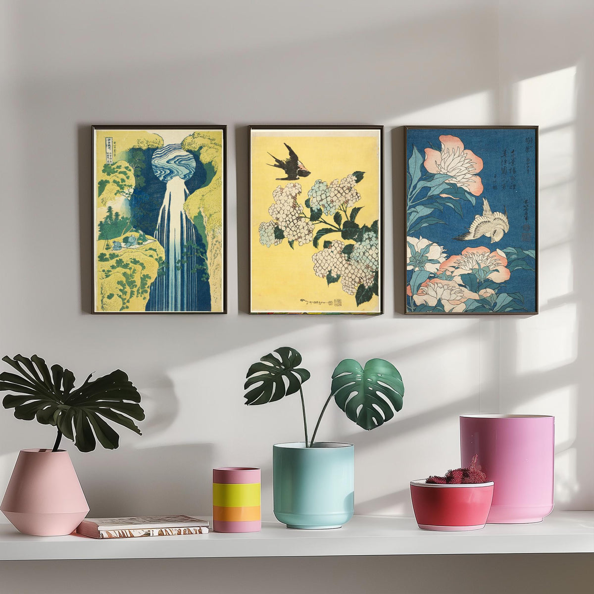 Set of Three Katsushika Hokusai Prints - Amida Falls Hydrangea Peonies - 3 Japanese Woodblock Paintings Poster Wall Art Gift Ukiyo-e Decor