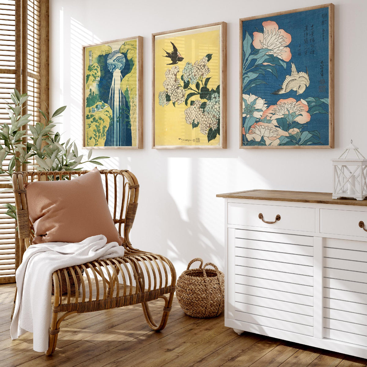 Set of Three Katsushika Hokusai Prints - Amida Falls Hydrangea Peonies - 3 Japanese Woodblock Paintings Poster Wall Art Gift Ukiyo-e Decor