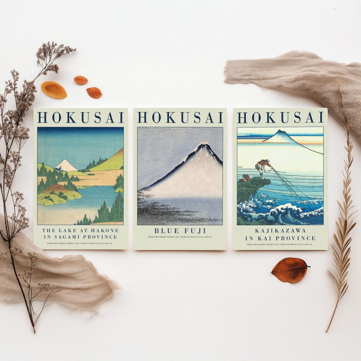 Katsushika Hokusai Blue Fuji Set of Three Art Prints - Lake at Hakone, Blue Fuji, Kajikazawa - Japanese Woodcut Poster