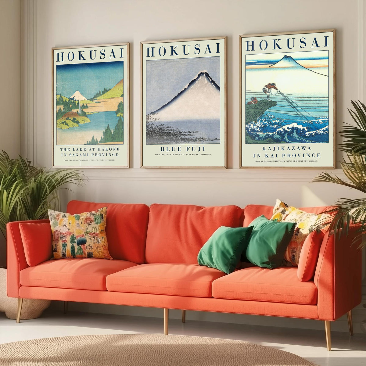 Katsushika Hokusai Blue Fuji Set of Three Art Prints - Lake at Hakone, Blue Fuji, Kajikazawa - Japanese Woodcut Poster