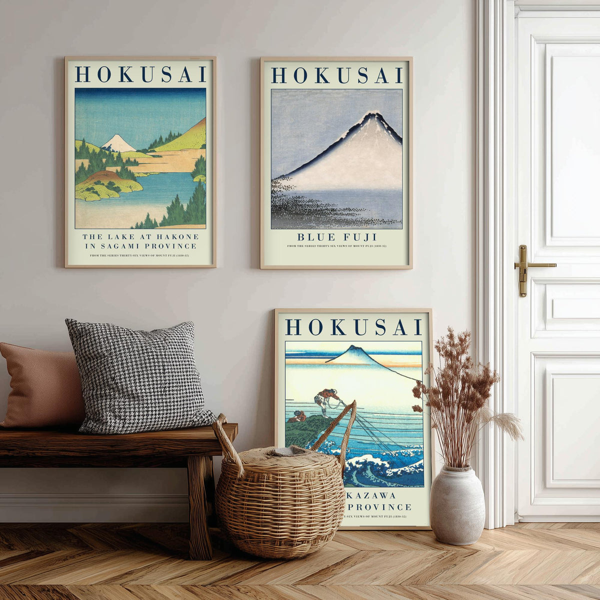 Katsushika Hokusai Blue Fuji Set of Three Art Prints - Lake at Hakone, Blue Fuji, Kajikazawa - Japanese Woodcut Poster