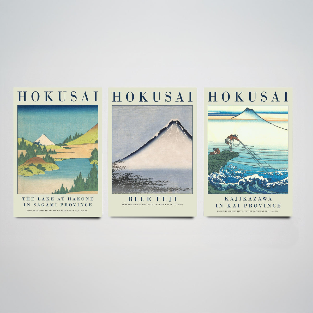 Katsushika Hokusai Blue Fuji Set of Three Art Prints - Lake at Hakone, Blue Fuji, Kajikazawa - Japanese Woodcut Poster