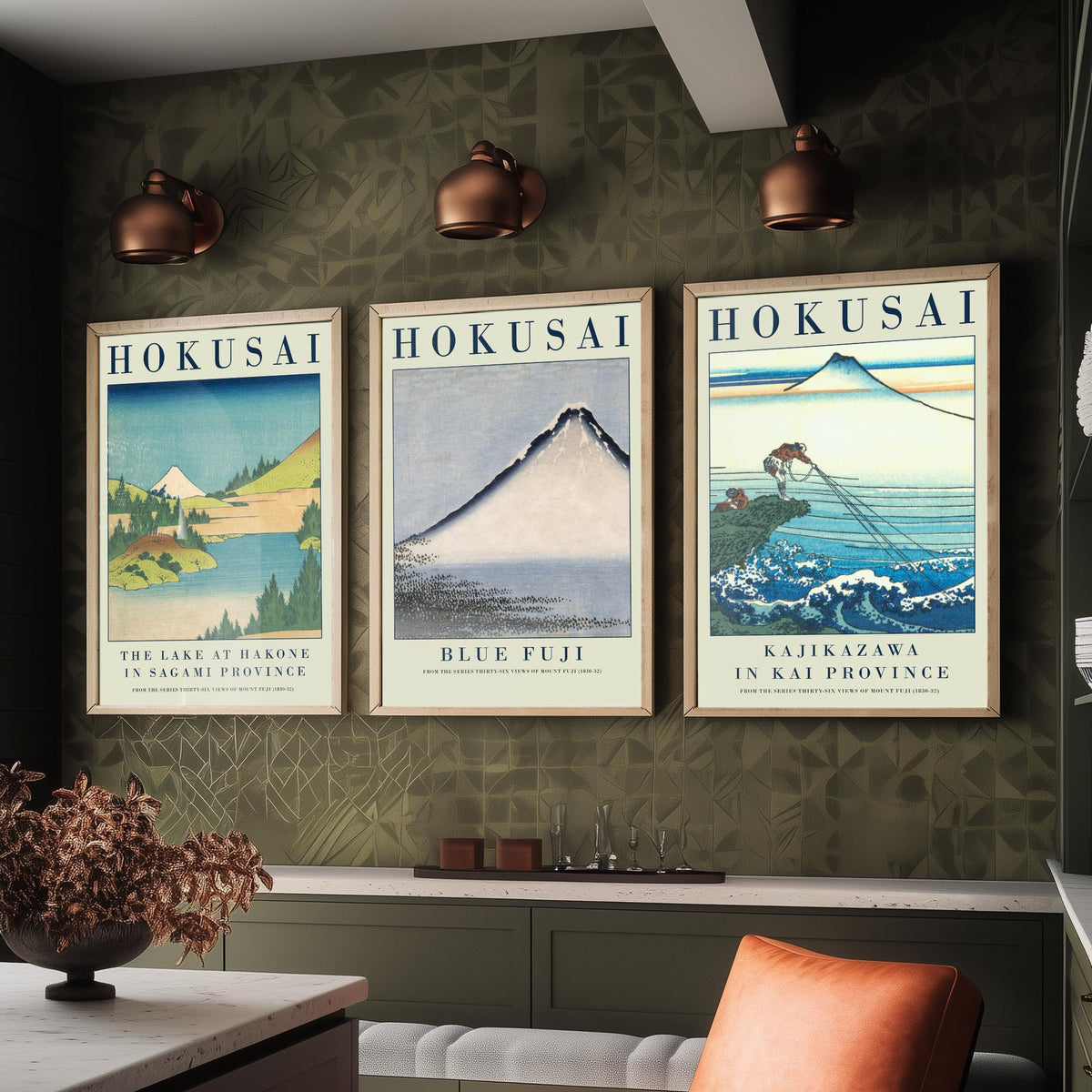 Katsushika Hokusai Blue Fuji Set of Three Art Prints - Lake at Hakone, Blue Fuji, Kajikazawa - Japanese Woodcut Poster