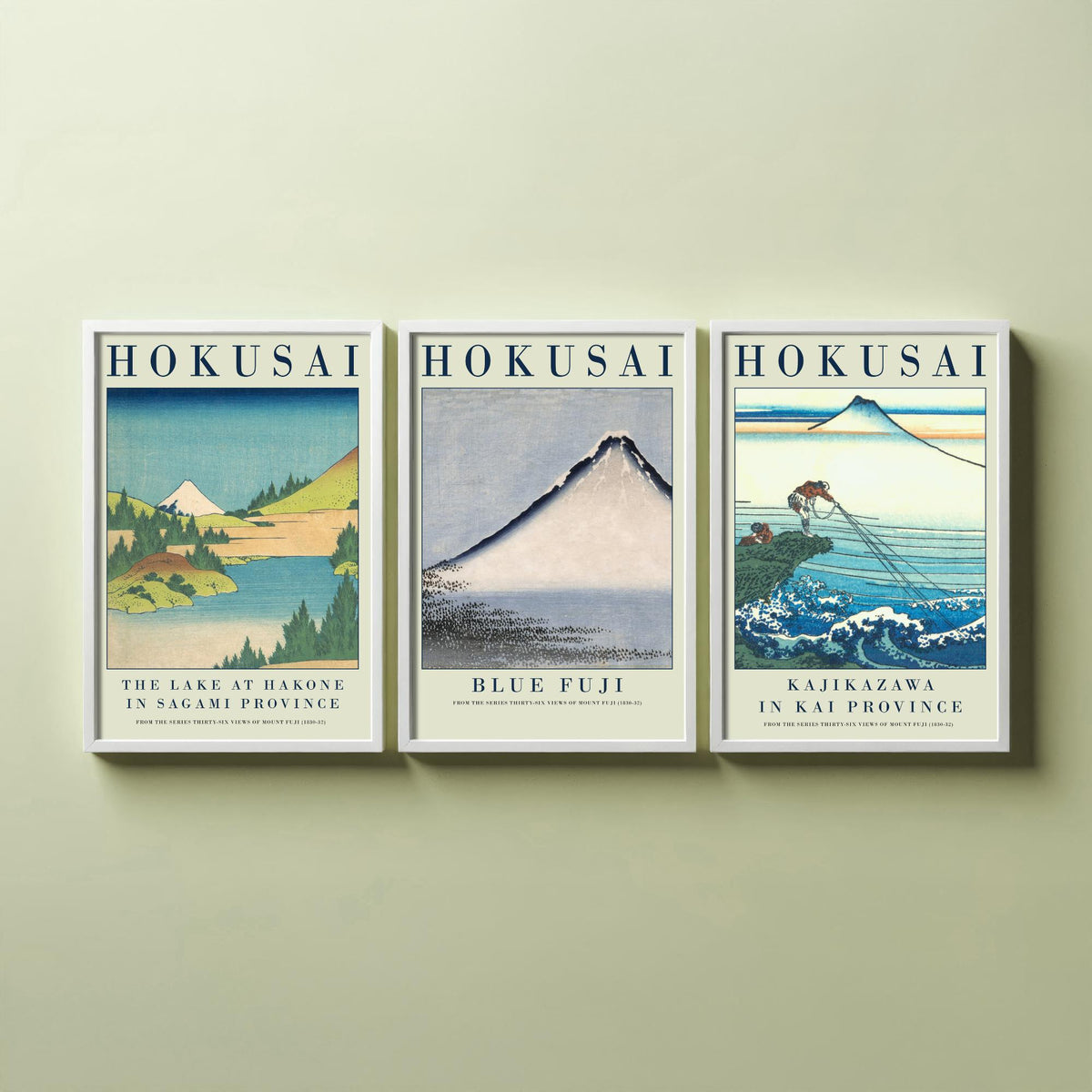 Katsushika Hokusai Blue Fuji Set of Three Art Prints - Lake at Hakone, Blue Fuji, Kajikazawa - Japanese Woodcut Poster