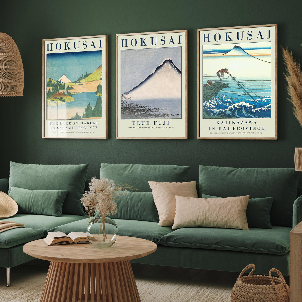 Katsushika Hokusai Blue Fuji Set of Three Art Prints - Lake at Hakone, Blue Fuji, Kajikazawa - Japanese Woodcut Poster