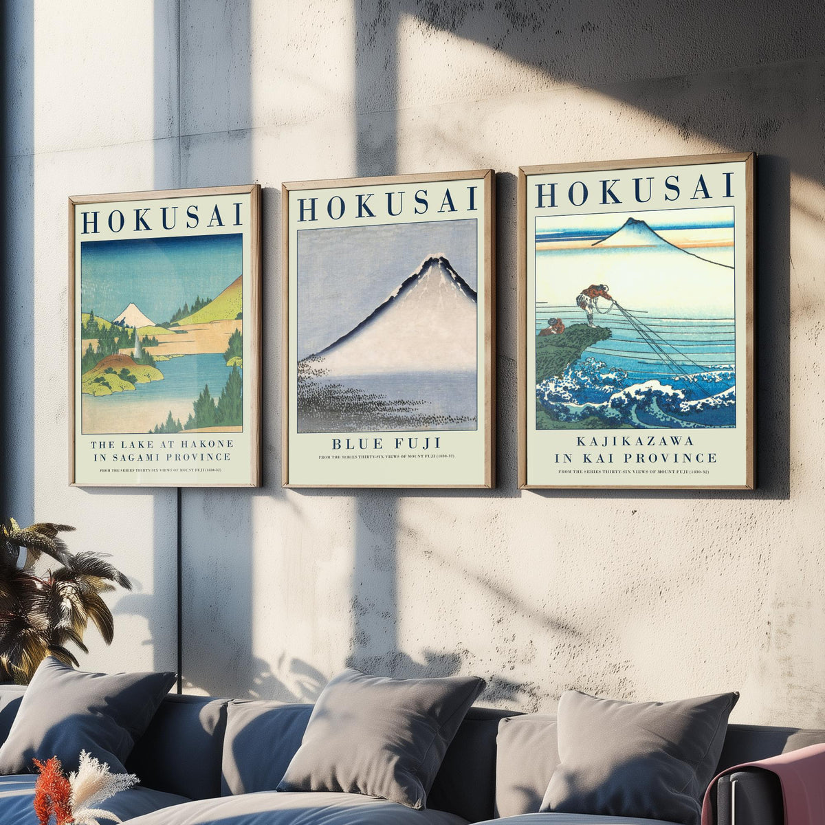 Katsushika Hokusai Blue Fuji Set of Three Art Prints - Lake at Hakone, Blue Fuji, Kajikazawa - Japanese Woodcut Poster