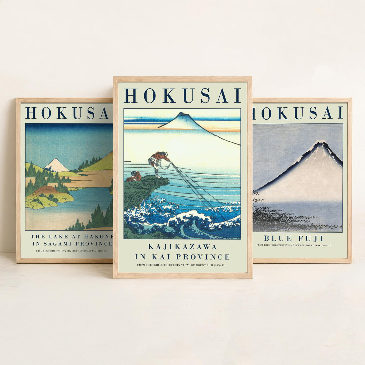 Katsushika Hokusai Blue Fuji Set of Three Art Prints - Lake at Hakone, Blue Fuji, Kajikazawa - Japanese Woodcut Poster