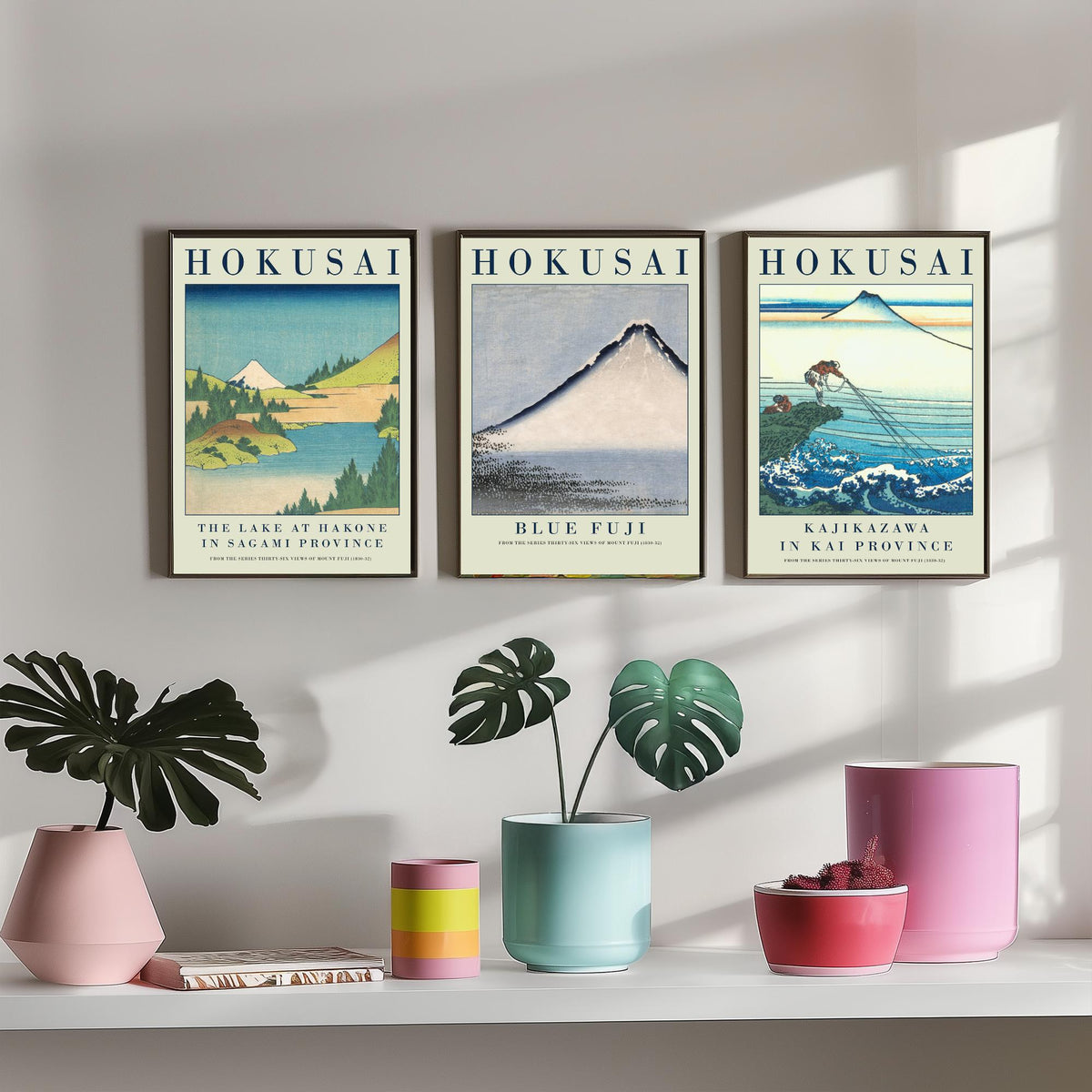Katsushika Hokusai Blue Fuji Set of Three Art Prints - Lake at Hakone, Blue Fuji, Kajikazawa - Japanese Woodcut Poster