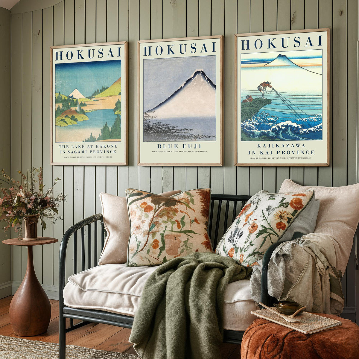 Katsushika Hokusai Blue Fuji Set of Three Art Prints - Lake at Hakone, Blue Fuji, Kajikazawa - Japanese Woodcut Poster