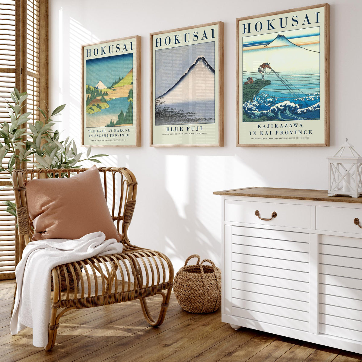 Katsushika Hokusai Blue Fuji Set of Three Art Prints - Lake at Hakone, Blue Fuji, Kajikazawa - Japanese Woodcut Poster