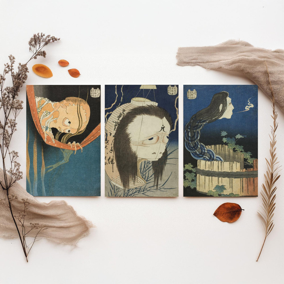 Katsushika Hokusai Ghost Stories Set of Three Art Prints - Kohada Koheiji, Oiwa, Okiku - Japanese Woodcut Poster