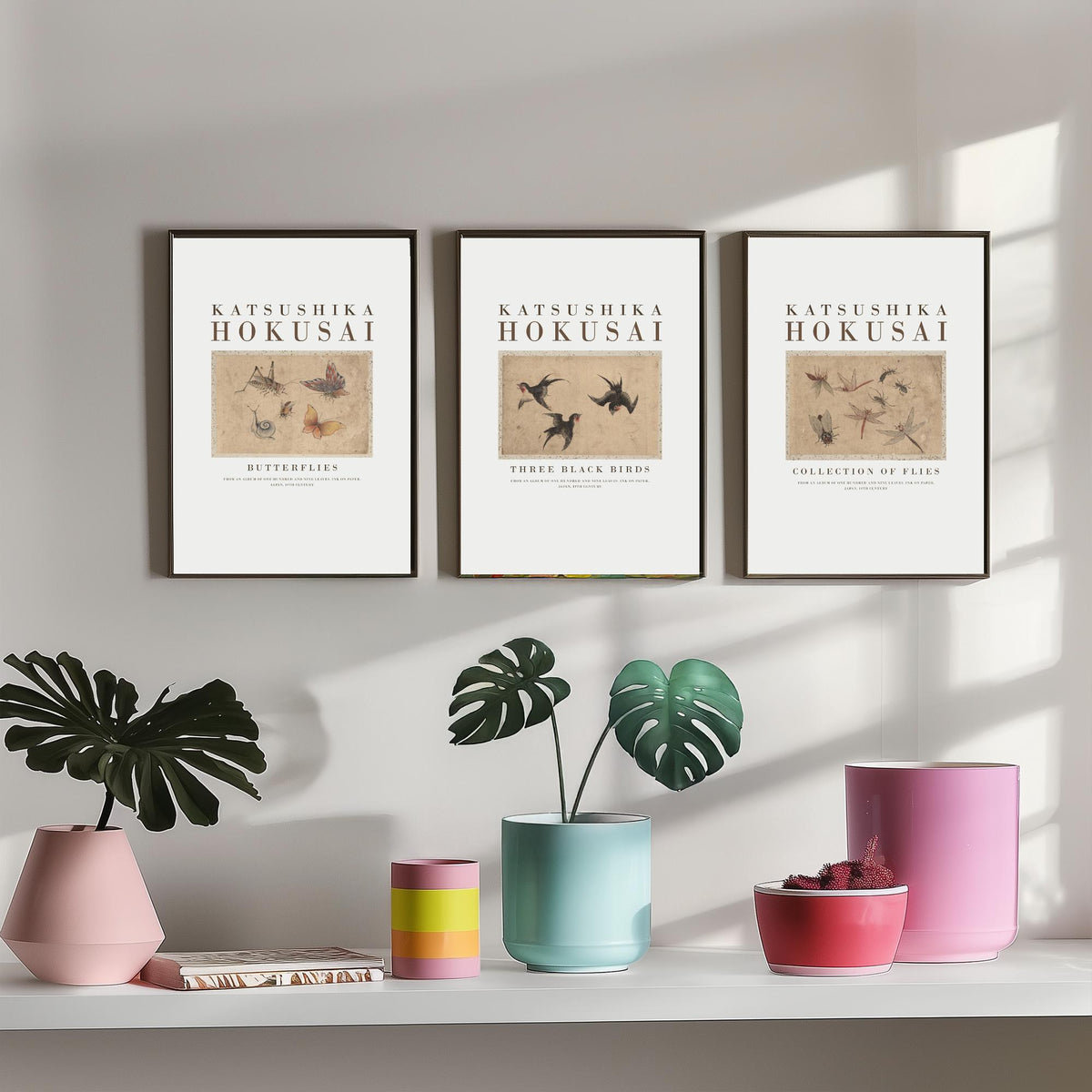 Katsushika Hokusai Insects and Birds Set of Three Art Prints - Butterflies, Three Black Birds, Flies - Japanese Ink Drawing Poster